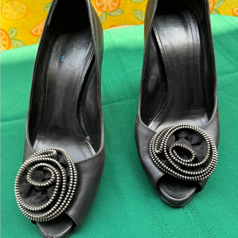 Elegant Black Peep-Toe Heels with Silver Accents
